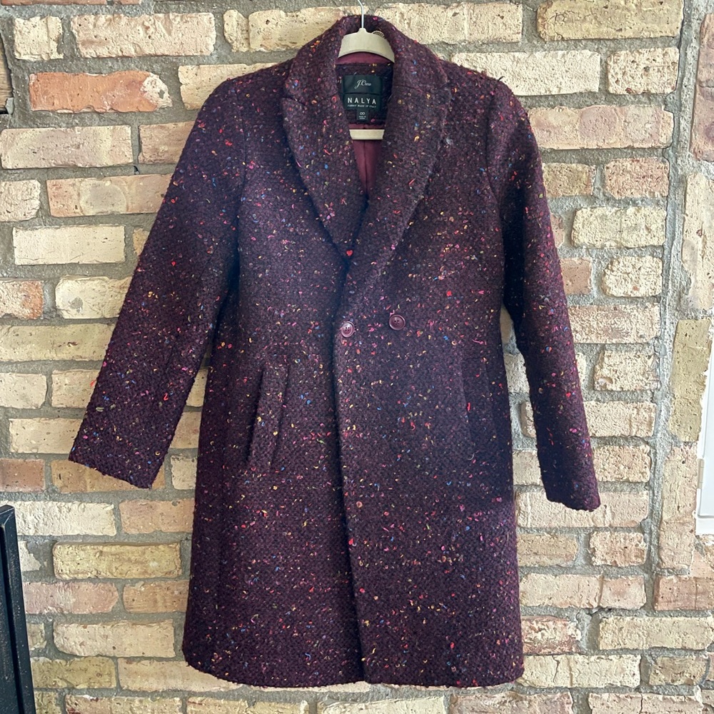 J. Crew Daphne top coat in burgundy tweed